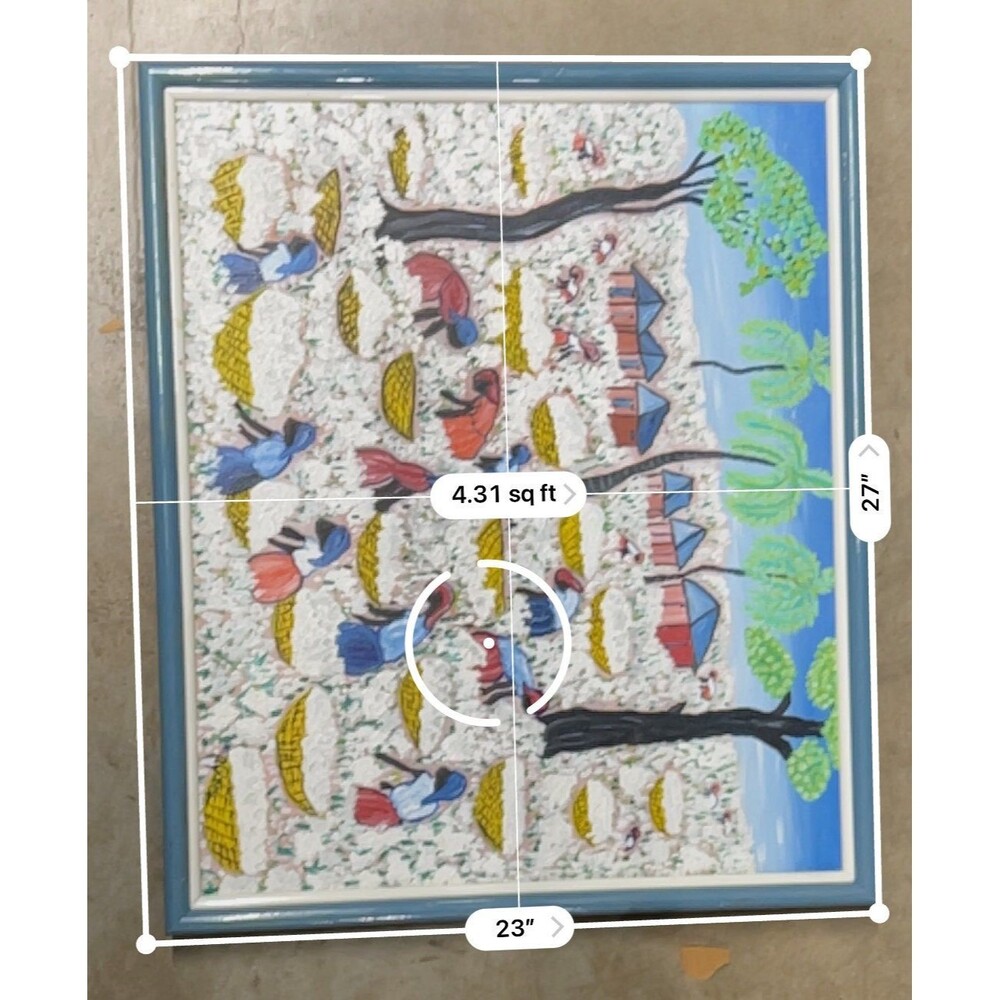 Vintage Haitian folk art harvest scene textured painting frame 23x27 Caribbean - Picture 2 of 3